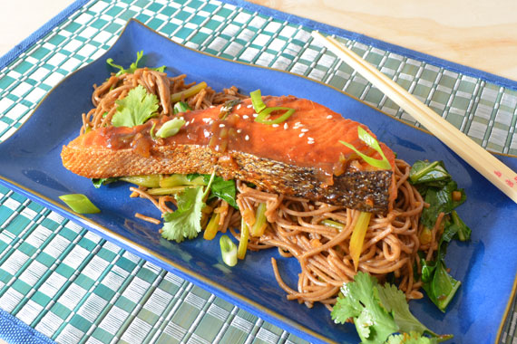 Ginger & Soy Glazed Salmon with Pak Choy & Soba Noodles