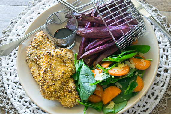 Dukkah Crumbed Fish with Sweet Potato Wedges & Fresh Side Salad