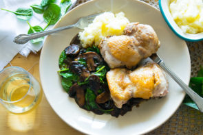 Crispy Braised Chicken Thighs with Balsamic Mushrooms, Spinach & Mash
