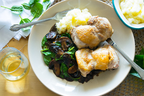 Crispy Braised Chicken Thighs with Balsamic Mushrooms, Spinach & Mash
