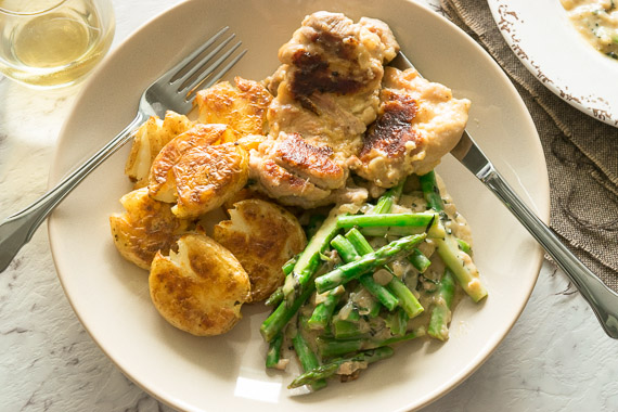 Flambéed Chicken with Asparagus & Smashed Potatoes