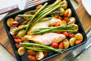One-Pan Salmon with Roast Vegetables, Balsamic & Fresh Basil