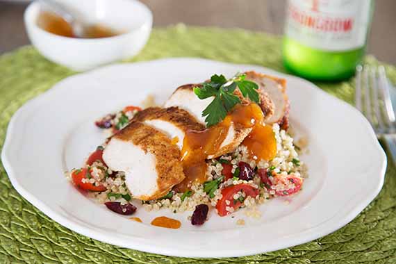 Paprika Chicken with Quinoa Tabbouleh Topped with Mango Chutney