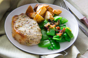 Roasted Mustard Pork & Golden Potatoes with Spring Pea Salad and Crispy Shallots