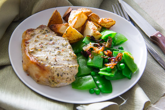 Roasted Mustard Pork & Golden Potatoes with Spring Pea Salad and Crispy Shallots