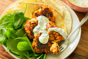 Tandoori Patties with Fresh Salmon Basmati Rice, Baby Spinach & Pita Bread