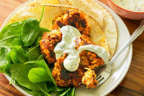 Tandoori Patties with Fresh Salmon Basmati Rice, Baby Spinach & Pita Bread