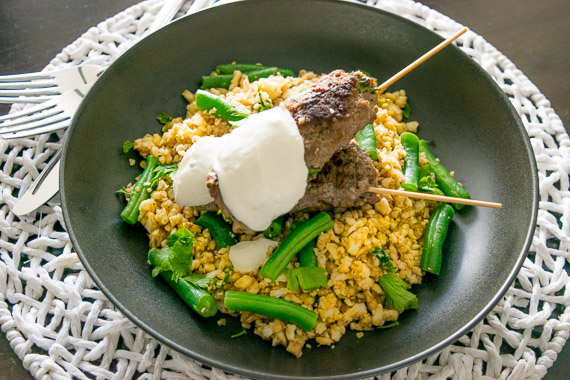 Beef Kofta Kebabs with Garlic Sauce, Green Beans & Cauliflower ‘Couscous’