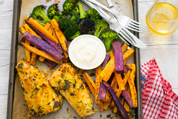 Crumbed Salmon with Sweet Potato Fries, Seriously Good Garlic Aioli & Roasted Broccoli