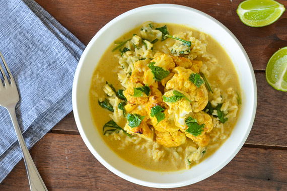 Oven Baked Tandoori Cauliflower with Garlic Infused Spinach Rice & Coriander Lime Sauce