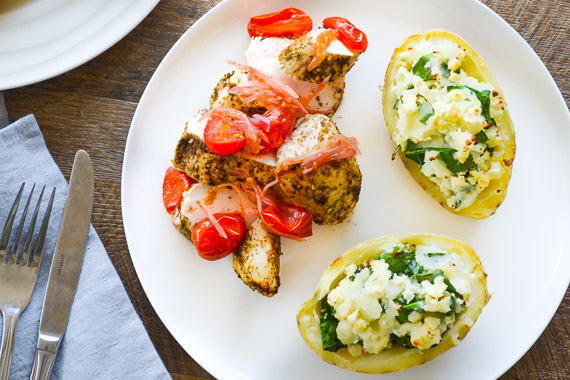 Pan Roasted Zaatar Chicken with Spinach & Fetta Twice-Baked Potatoes