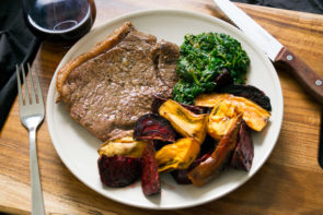 Seared Porterhouse Steaks with Oven Roasted Veg & 'Creamed' Spinach