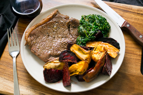 Seared Porterhouse Steaks with Oven Roasted Veg & ‘Creamed’ Spinach