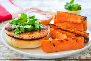 Thai Style Chicken Burgers with Sweet Potato Wedges & Sweet Chili Mayo