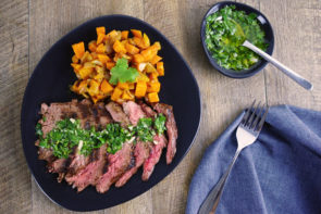 Thick-Cut Porterhouse Steak with Carrot Hash & Parsley Chimichurri Sauce