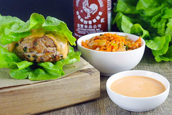 Bun Free Pork & Chive Burgers with Sriracha Aioli & Kimchi Slaw