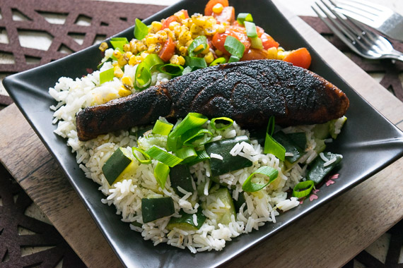 Chipotle Blackened Salmon with Zucchini Rice Pilaf & Corn-Tomato Salsa