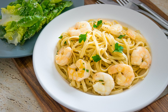 Prawn Linguine and Cos-Parmesan Salad