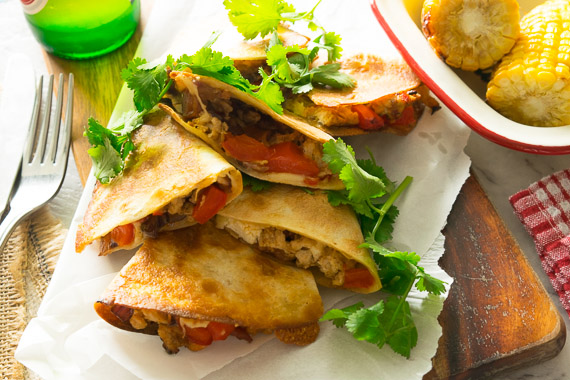 Oven Baked Chicken & Chorizo Quesadillas with Buttered Corn