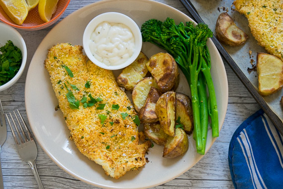 Oven Baked Fish and Chips with a Parmesan Crumb, Veg & Tartare Sauce