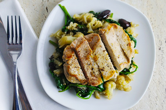 Pork Loin Steaks with Cauliflower, Olives, and Spinach