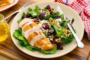 Roast Chicken & Beetroot with Baby Spinach, Walnut and Fetta Salad