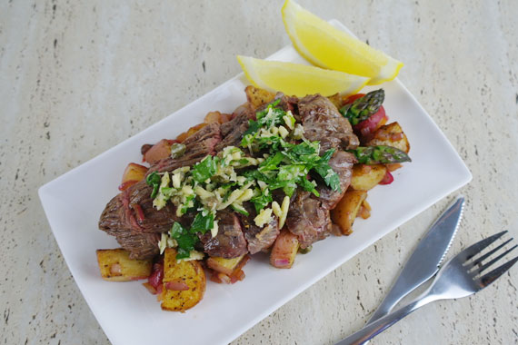 Steaks with Red Potatoes Asparagus & Radish Hash