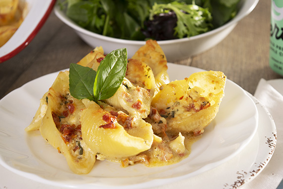 Sundried Tomato & Ricotta Stuffed Shells, Served with Mixed Lettuce Leaves