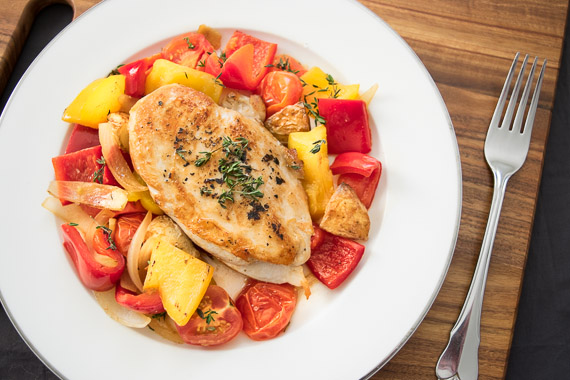 Basque Chicken with Yellow & Red Capsicum & Roasted Chat Potatoes