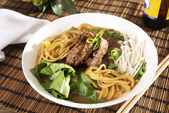 Beef & Ramen Noodle Soup with Chinese Broccoli & Enoki Mushrooms