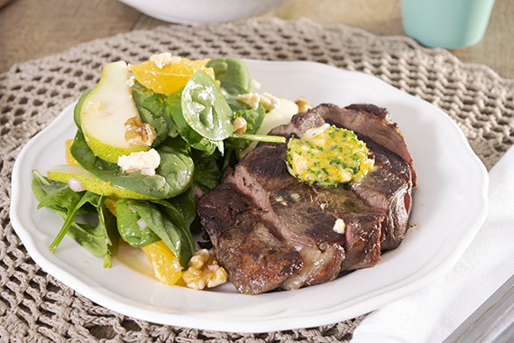 Delicious Steak with Compound Butter with Orange & Pear Gorgonzola Salad