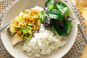 Fish with Sizzled Ginger, Chili & Spring Onions, Served with Coconut Rice & Mixed Lettuce