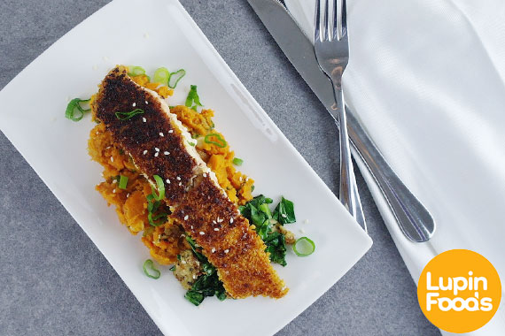 Lupin Flake Crusted Salmon with Mashed Sweet Potatoes & Mustard Greens