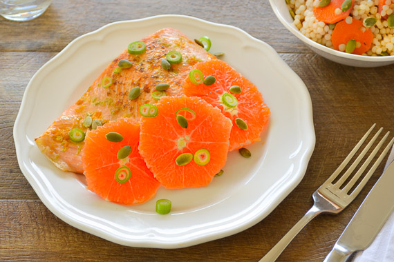 Orange Roasted Salmon with Pepitas & Israeli Couscous Salad