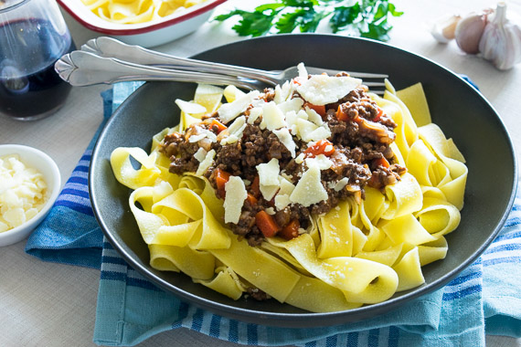 Ragu Beef Bolognese with Shaved Parmesan, Red Wine & Pappardelle Pasta