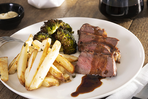 Steak & Fries with Singed Broccoli & Orange Glaze