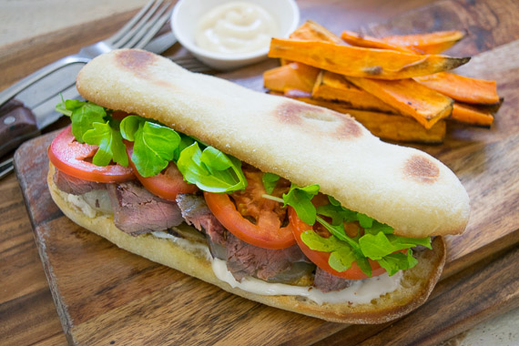 Steak Sandwiches with Sweet Potato Wedges & Seriously Good Garlic Aioli