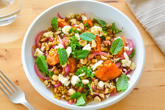 Sumac Roasted Sweet Potato with Farro Salad, Pickled Red Onion & Hazelnuts