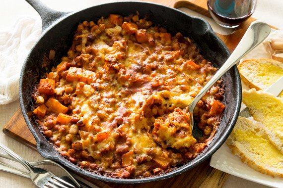 Cheesy Smoked Baked Beans with Pumpkin & Ciabatta Toasts