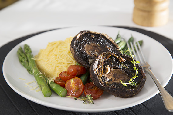 Creamy Polenta with Balsamic Mushrooms Green Beans and Asparagus