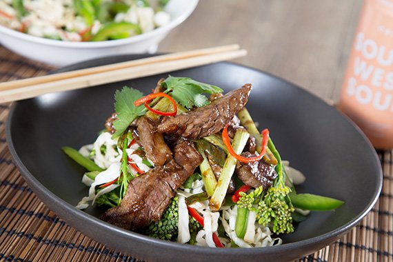 Hoisin Beef Strips with Spring Onion, Green Capsicum and Chili