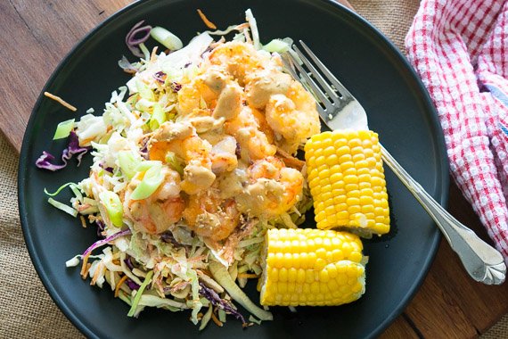 Kickin Prawns – Inspired by Tony Romas with Oven Roasted Corn & ready to go Coleslaw