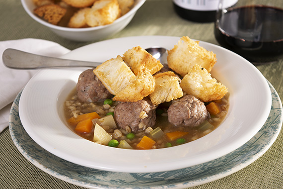 Meatball and Barley Soup with Vegetables & Home made Croutons