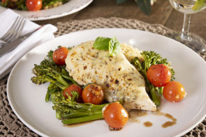 Mozzarella and Tomato Baked Chicken, Broccolini and Quinoa