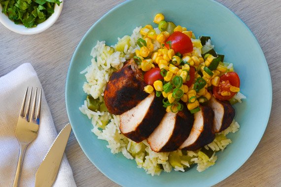 Blackened Chipotle Chili Chicken with Zucchini Rice Pilaf & Corn-Tomato Salsa