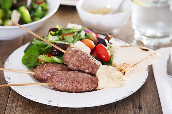 Lamb Kofta with Hummus, Pitas & Ready Made Greek Salad with Red Wine Dressing