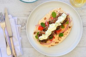 Turkish Style Beef Kebabs with Red Capsicum and Red Onion Salad
