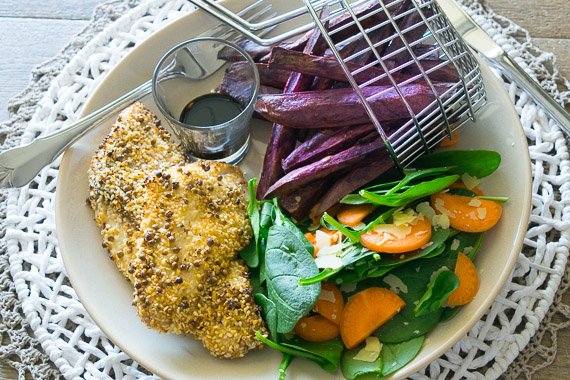 Dukkah Crumbed Fish with Purple Carrot Fries & Fresh Side Salad