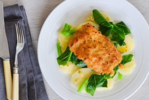 Miso Ginger-Crusted Fish Fillets with Chinese Broccoli and Potatoes