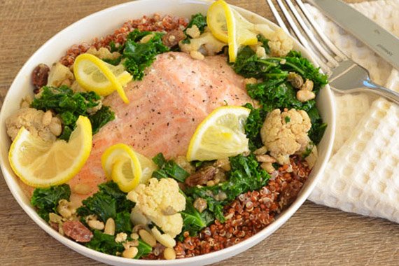 Moroccan Inspired Salmon with Kale, Cauliflower & Quick-Preserved Lemon over Red Quinoa